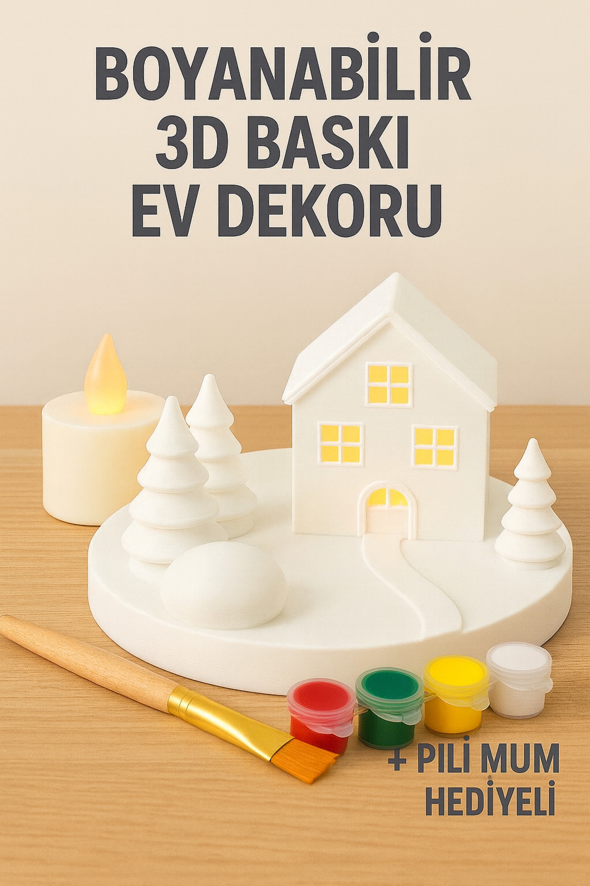 ® Boyanabilir 3D Baskı Ev Dekoru – Pilli Mum Hediyeli