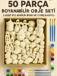 50 Parça Alçı Boyama Seti – Boyanabilir Obje Seti + Akrilik Boya ve Fırça Hediyeli