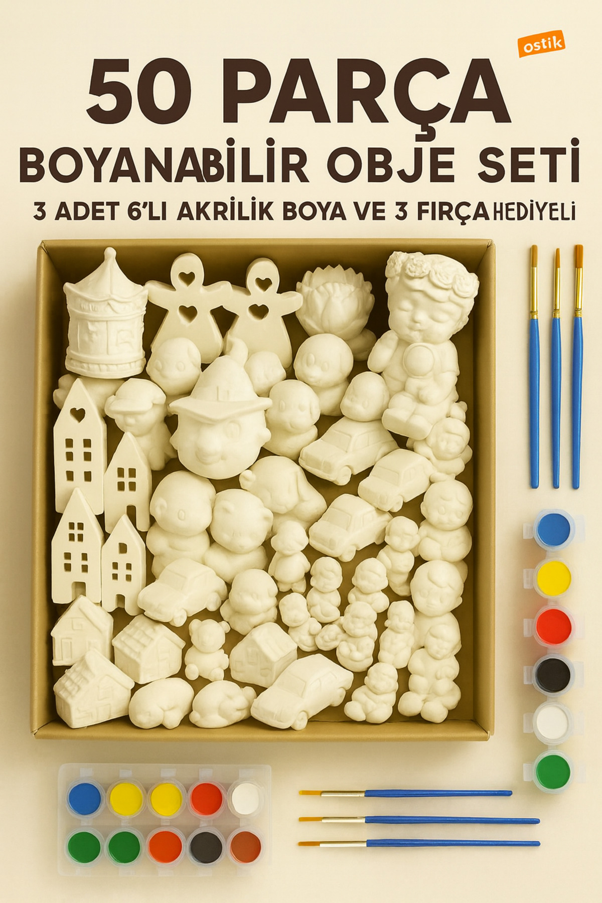 50 Parça Alçı Boyama Seti – Boyanabilir Obje Seti + Akrilik Boya ve Fırça Hediyeli