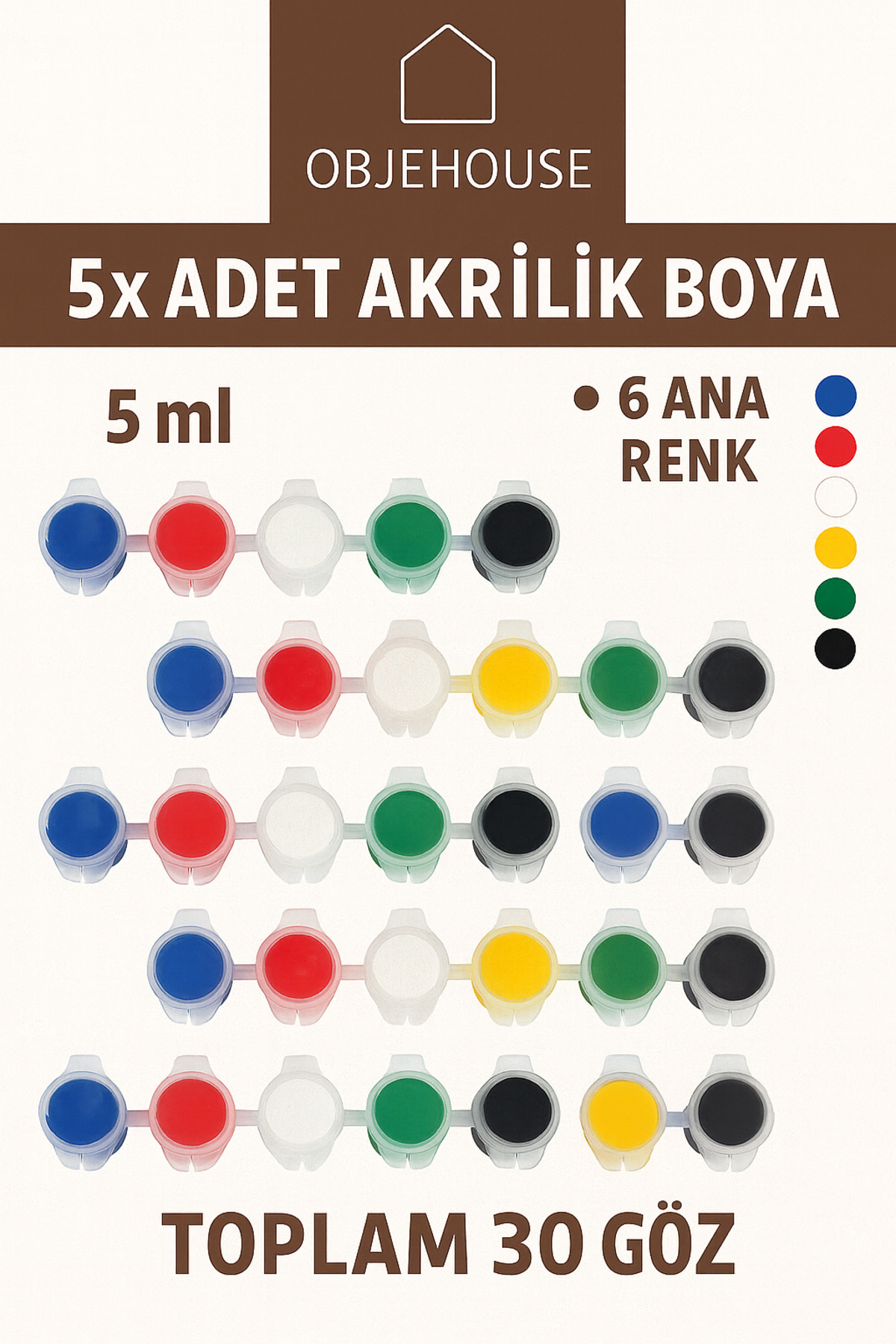 5 ml 6 Ana Renk Akrilik Boya Seti (5Paket 30 göz)