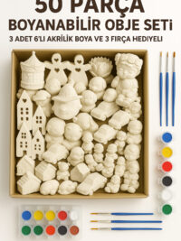 50 Parça Boyanabilir Alçı Obje Seti (3 Adet 6’lı Akrilik Boya + 3 Fırça Hediyeli)
