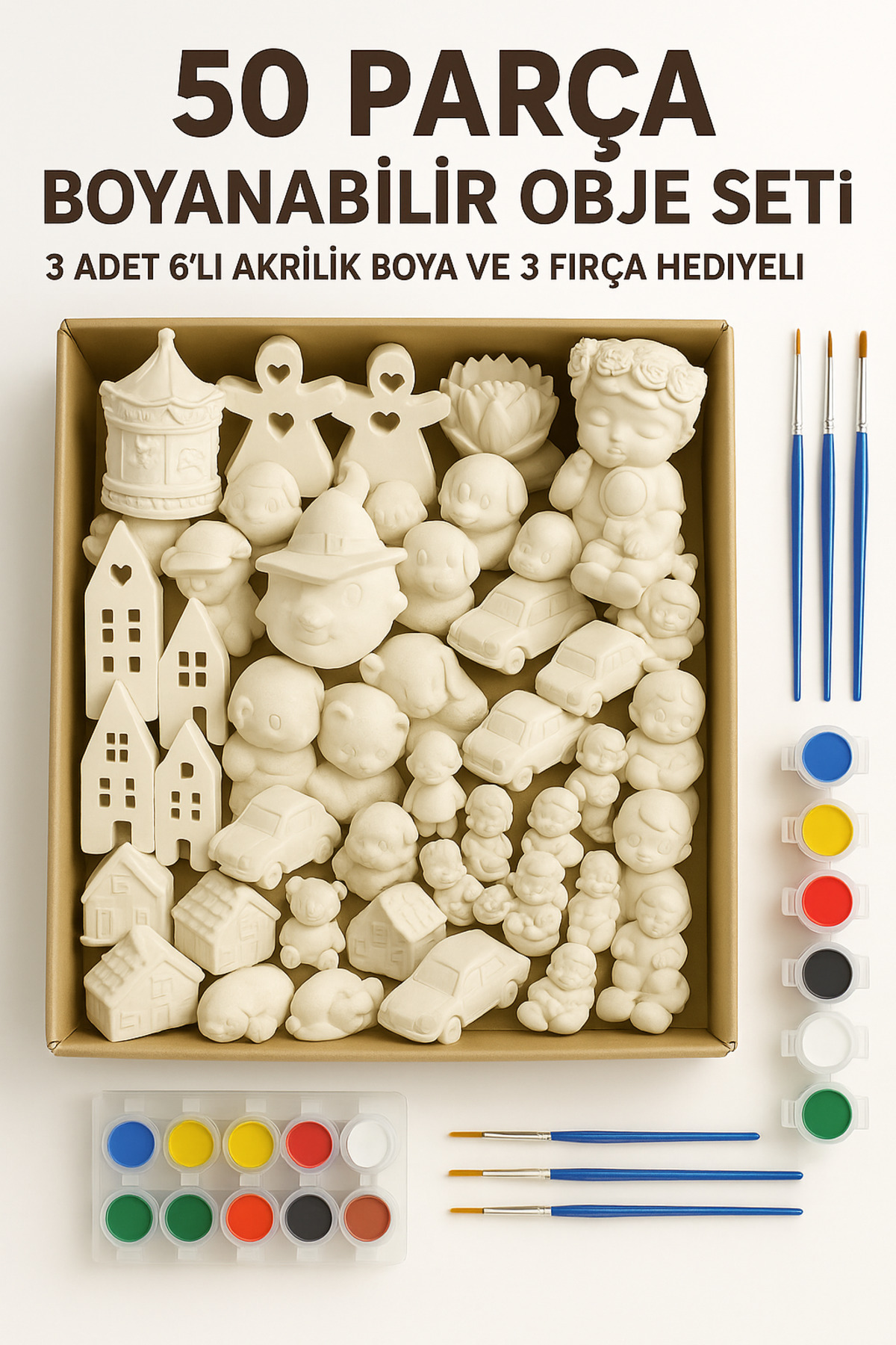 50 Parça Boyanabilir Alçı Obje Seti (3 Adet 6’lı Akrilik Boya + 3 Fırça Hediyeli)