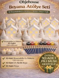 Boyanabilir Ev Dekoru Seti – 10’lu 3D Baskı Ev, LED Mum, Boya ve Fırça Paketi