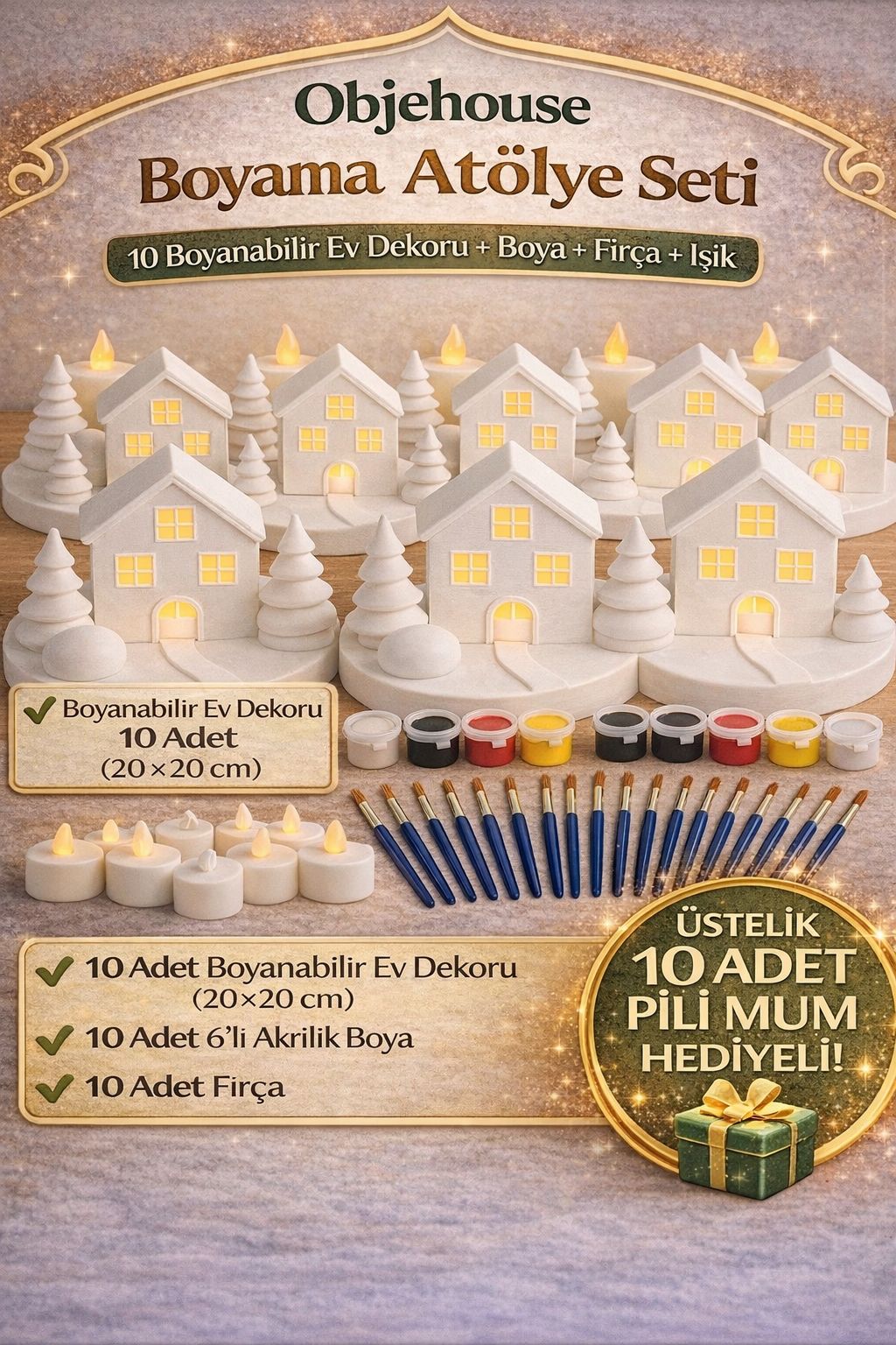 Boyanabilir Ev Dekoru Seti – 10’lu 3D Baskı Ev, LED Mum, Boya ve Fırça Paketi