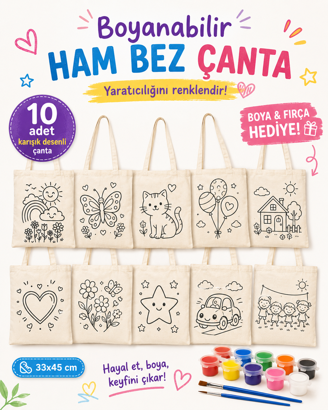 Boyanabilir Ham Bez Çanta - 10 Adet