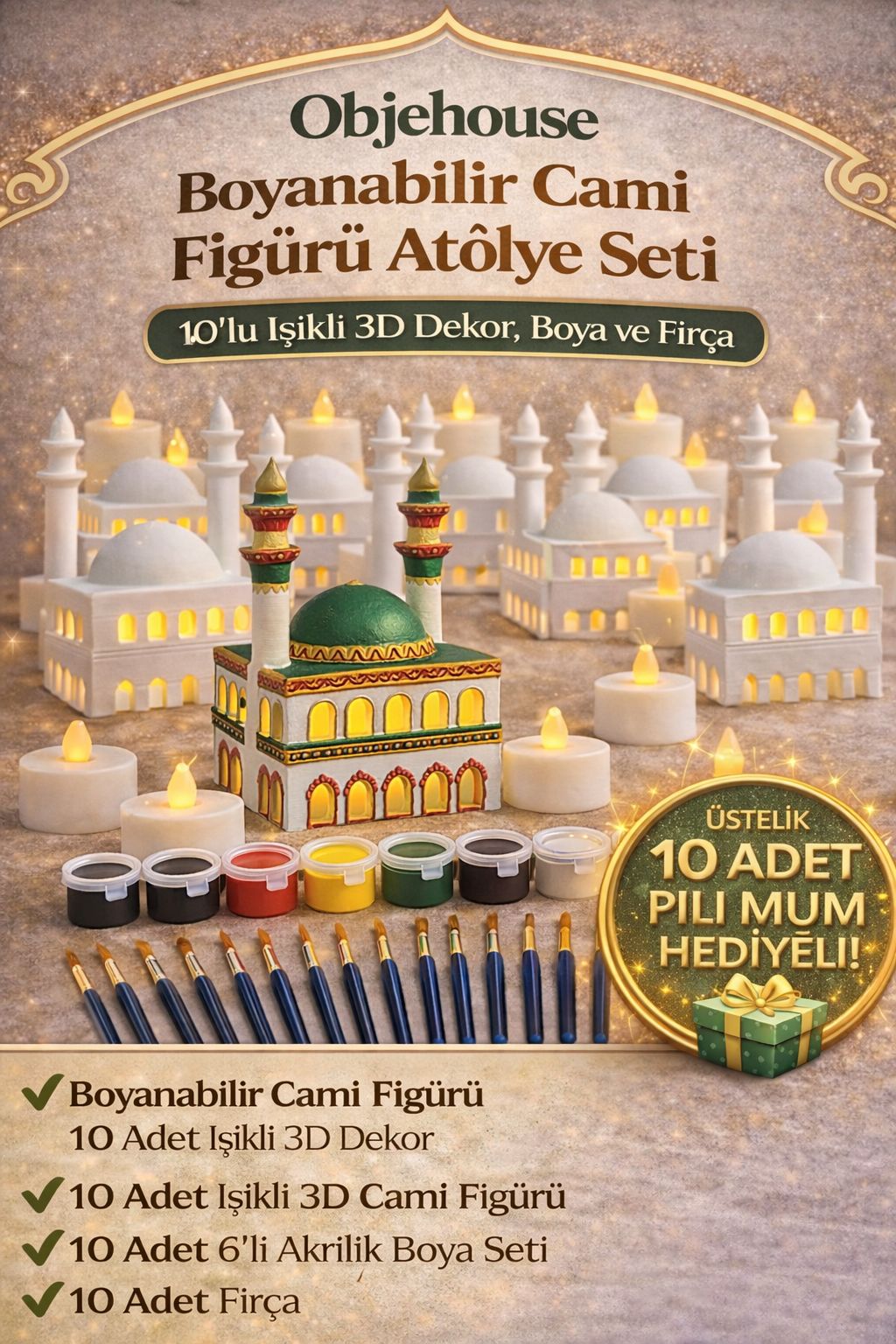 Boyanabilir Işıklı Cami Seti | 10 Adet 3D Baskı Figür + Boya + Fırça