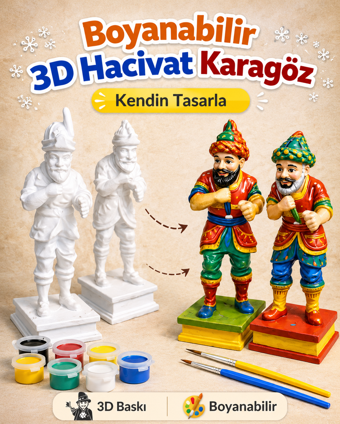 Boyanabilir 3D Hacivat Karagöz Figür Seti | Ramazan Etkinliği + 6’lı Akrilik Boya