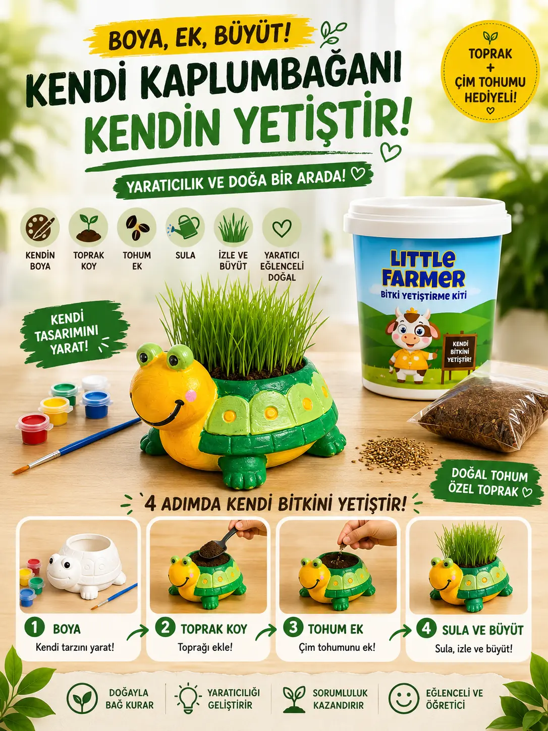 Kaplumbağa Çim Kiti ve Boyama Sanat Seti