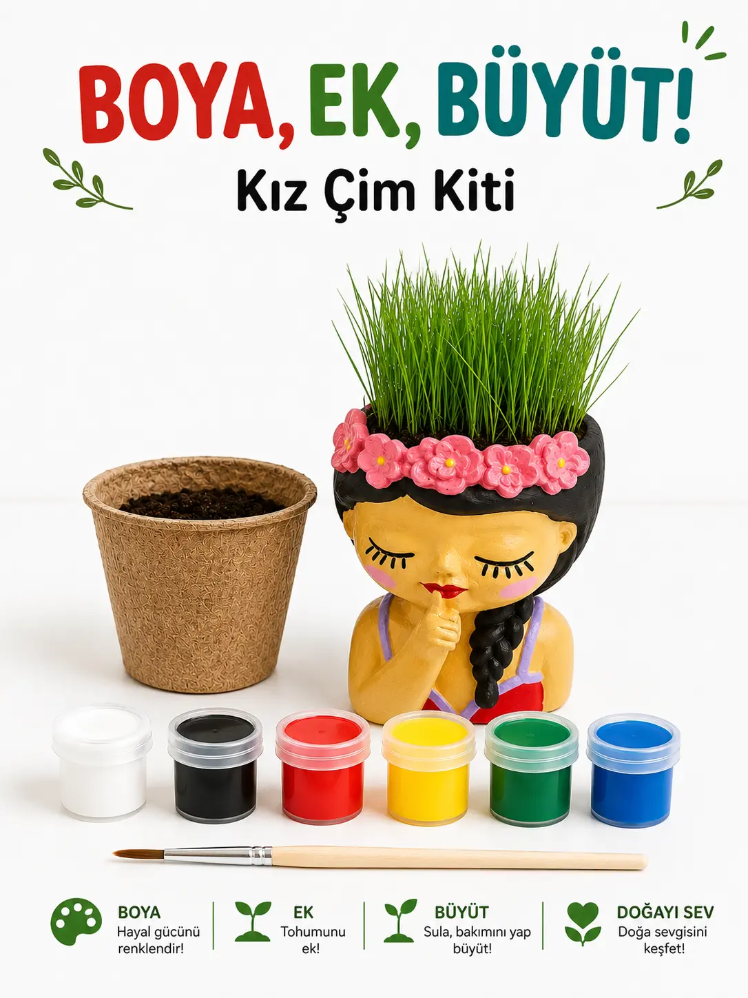 Kız Saksı Çim Kiti – Hayal Et, Boya, Yetiştir!