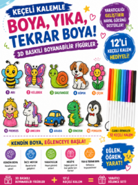 Keçeli Kalemle Boyanabilir 3D Baskılı Figür Seti – 10 Farklı Model + 12’li Keçeli Kalem Hediyeli