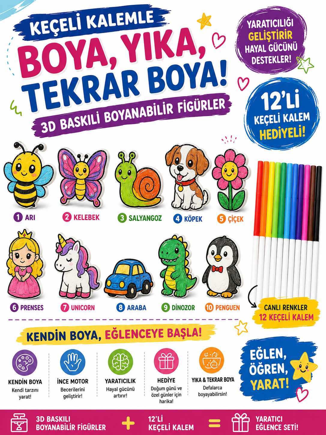 Keçeli Kalemle Boyanabilir 3D Baskılı Figür Seti – 10 Farklı Model + 12’li Keçeli Kalem Hediyeli