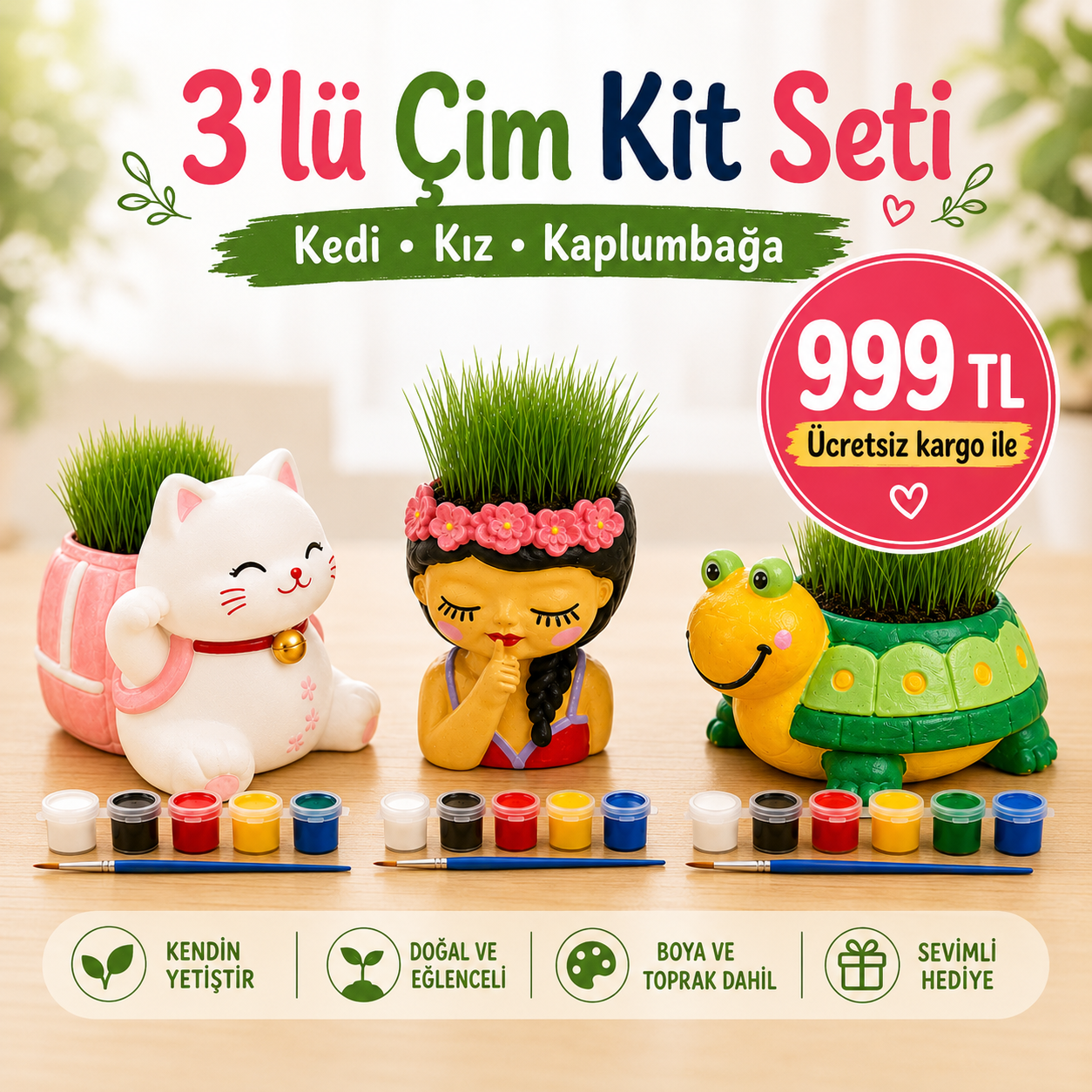 3’lü Çim Kit Seti – Boya, Ek, Büyüt | Kedi, Kız ve Kaplumbağa