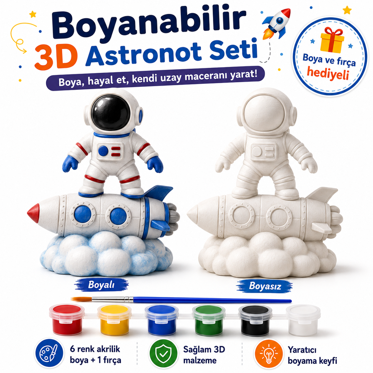 Boyanabilir 3D Astronot Seti – Boya ve Fırça Hediyeli