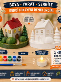 Boyanabilir 3D Işıklı Ev Figürü Seti – 6’lı Akrilik Boya, Fırça ve LED Mum Hediyeli