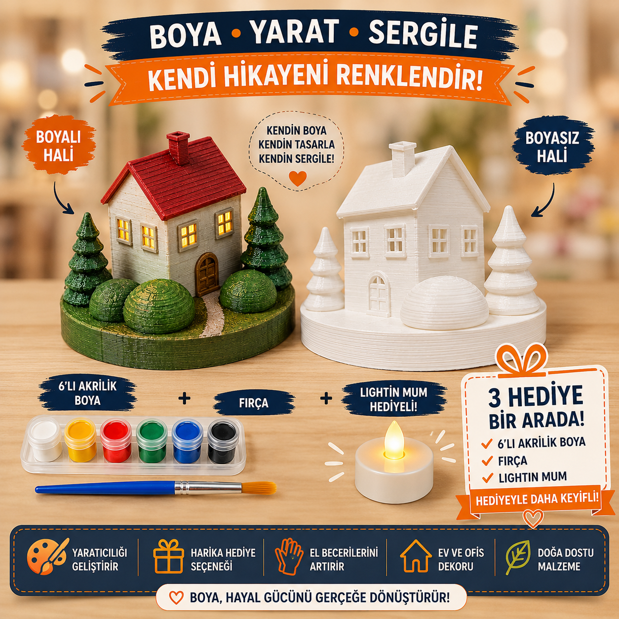 Boyanabilir 3D Işıklı Ev Figürü Seti – 6’lı Akrilik Boya, Fırça ve LED Mum Hediyeli - Görsel 2