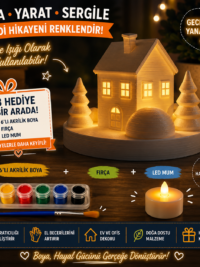 Boyanabilir 3D Işıklı Ev Figürü Seti – 6’lı Akrilik Boya, Fırça ve LED Mum Hediyeli