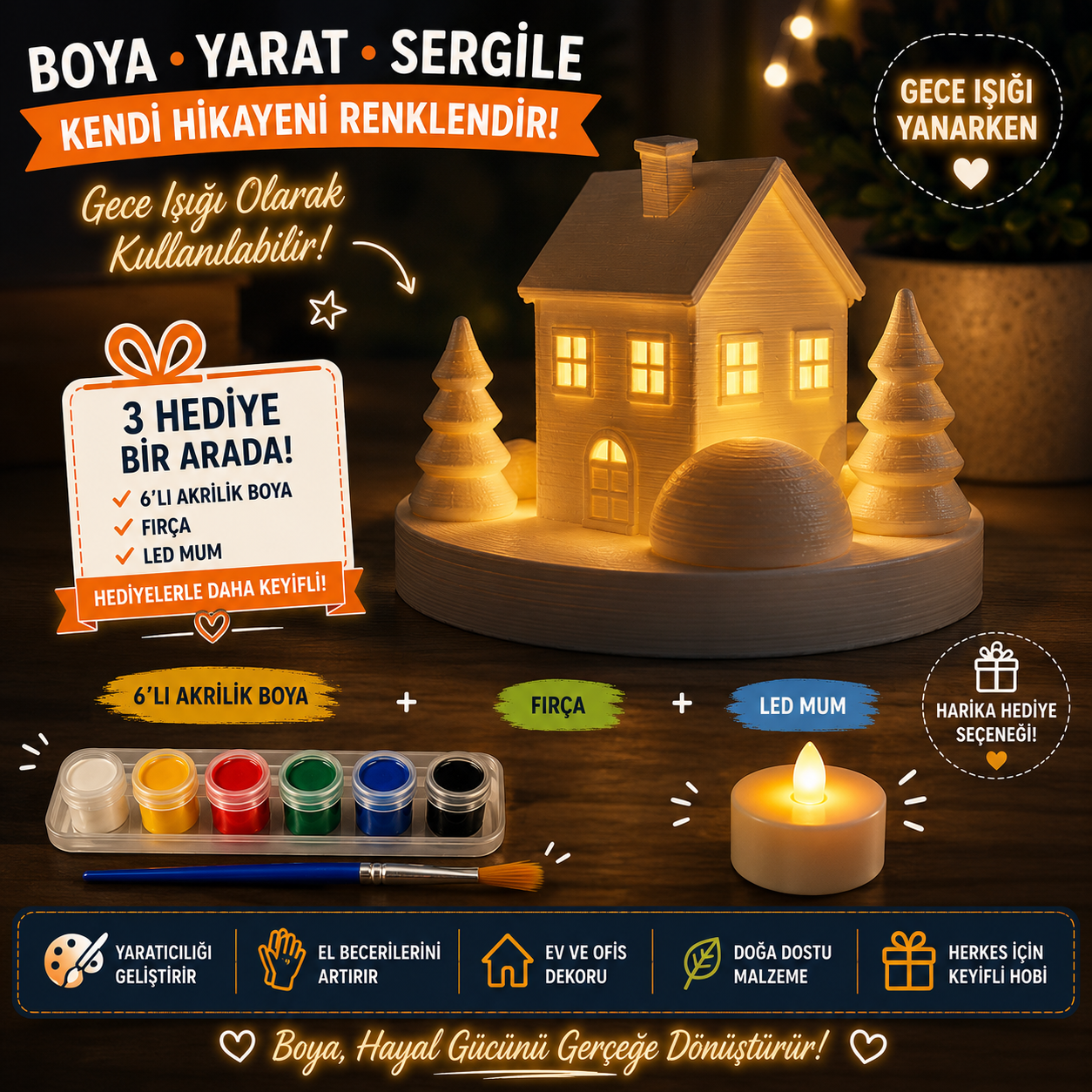 Boyanabilir 3D Işıklı Ev Figürü Seti – 6’lı Akrilik Boya, Fırça ve LED Mum Hediyeli - Görsel 4