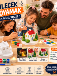 Boyanabilir 3D Işıklı Ev Figürü Seti – 6’lı Akrilik Boya, Fırça ve LED Mum Hediyeli