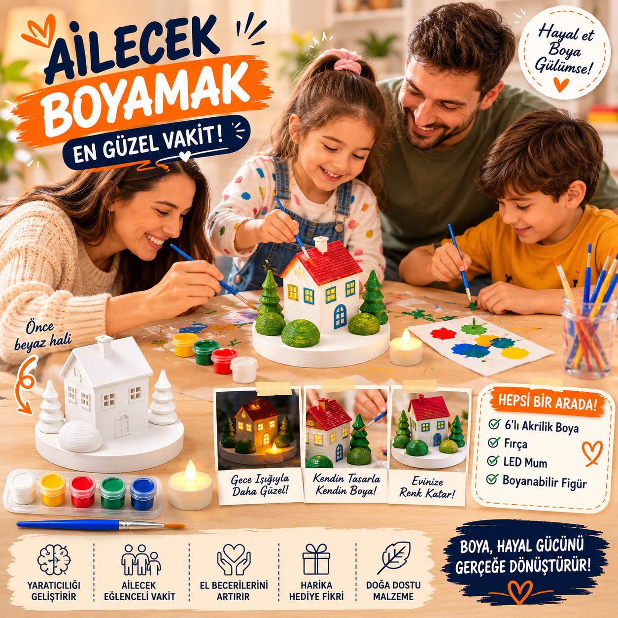 Boyanabilir 3D Işıklı Ev Figürü Seti – 6’lı Akrilik Boya, Fırça ve LED Mum Hediyeli - Görsel 3